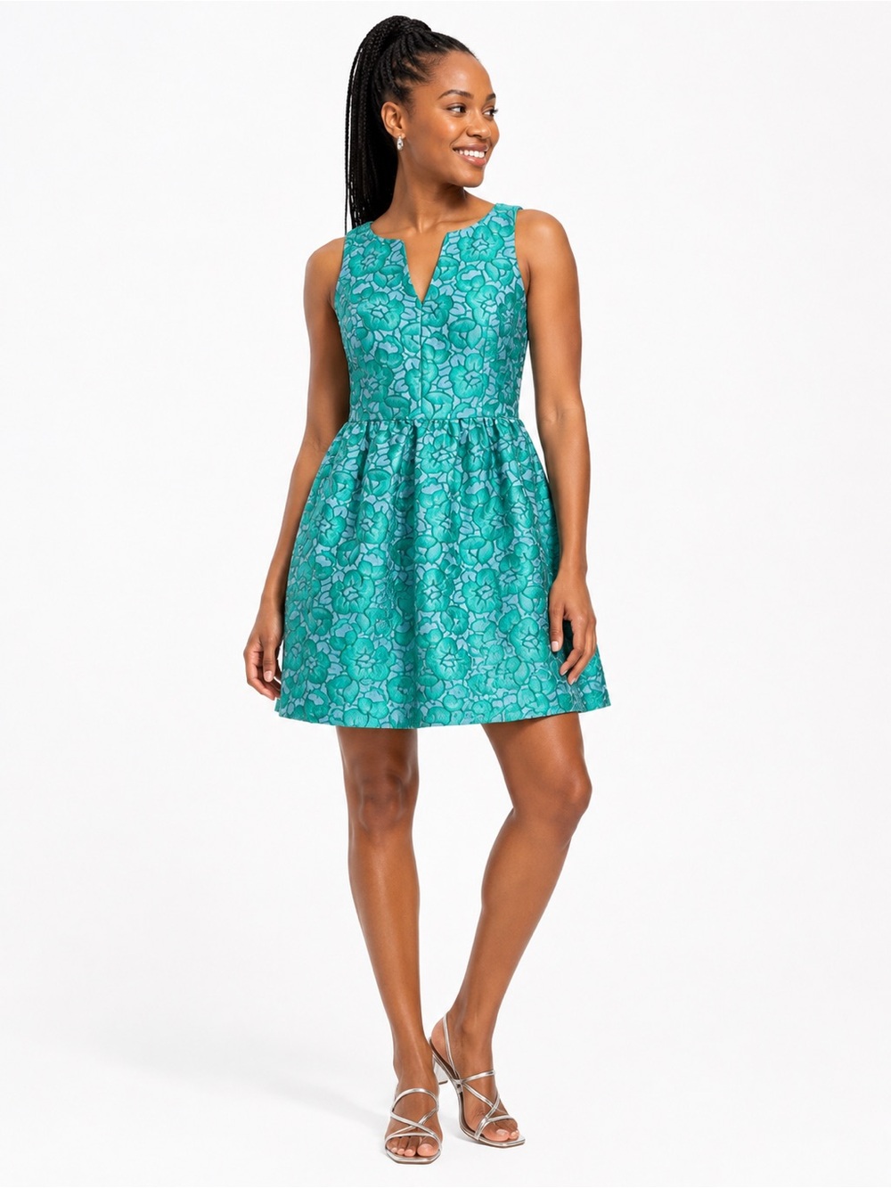 Anthropologie 4.collective Teal Floral Jacquard Fit Flare Dress Size 2
